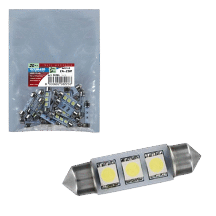 LAMPARA HYPER LED 10X39 MM BLANCO 24/28V 3SMD 3 CHIP SV8,5-8 (BOLSA 20 UNIDADES)