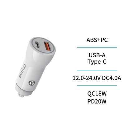 Cargador de coche Dual USB y Tipo-C PD20W+18W TUV carga rápida – Blanco