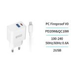 Cargador Dual USB y Tipo-C PD20W con cable Tipo-C a Lightning GaN GS TUV carga rapida – Blanco