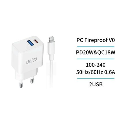 Cargador Dual USB y Tipo-C PD20W con cable Tipo-C a Lightning GaN GS TUV carga rapida – Blanco